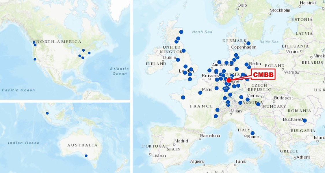 Weltkarte auf der die Kooperationspartner des CMBB markiert sind.
